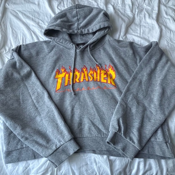 Thrasher Gray Cropped Hoodie Sweatshirt - Picture 1 of 3